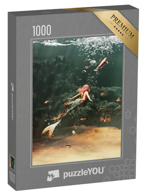 Puzzle 1000 Teile „Digitale Kunst: Anmutige Meerjungfrau schwimmt mit Fischen und Robbe“