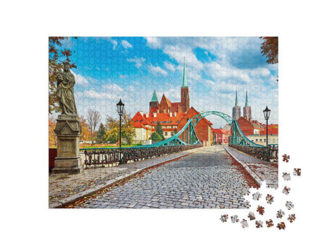 Puzzle 1000 Teile „Breslau: grüne Brücke mit Blick auf St. Johannes, Dominsel, Polen“