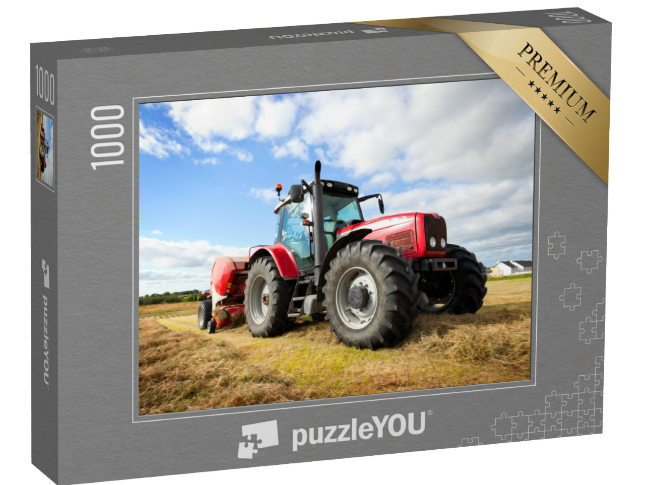 Puzzle 1000 Teile „Großer Traktor sammelt Heuhaufen auf dem Feld an einem sonnigen Tag“