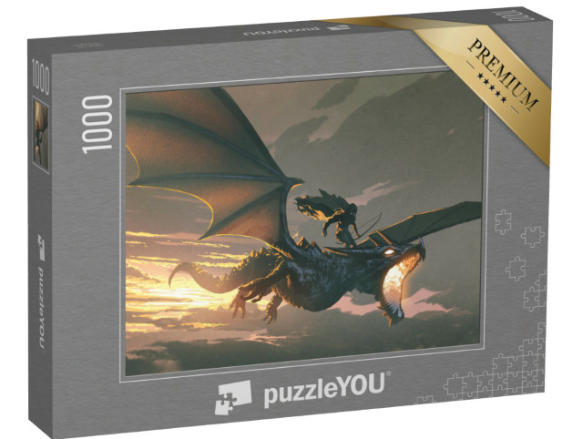 Puzzle 1000 Teile „Ritter reitet den Drachen bei Sonnenuntergang“