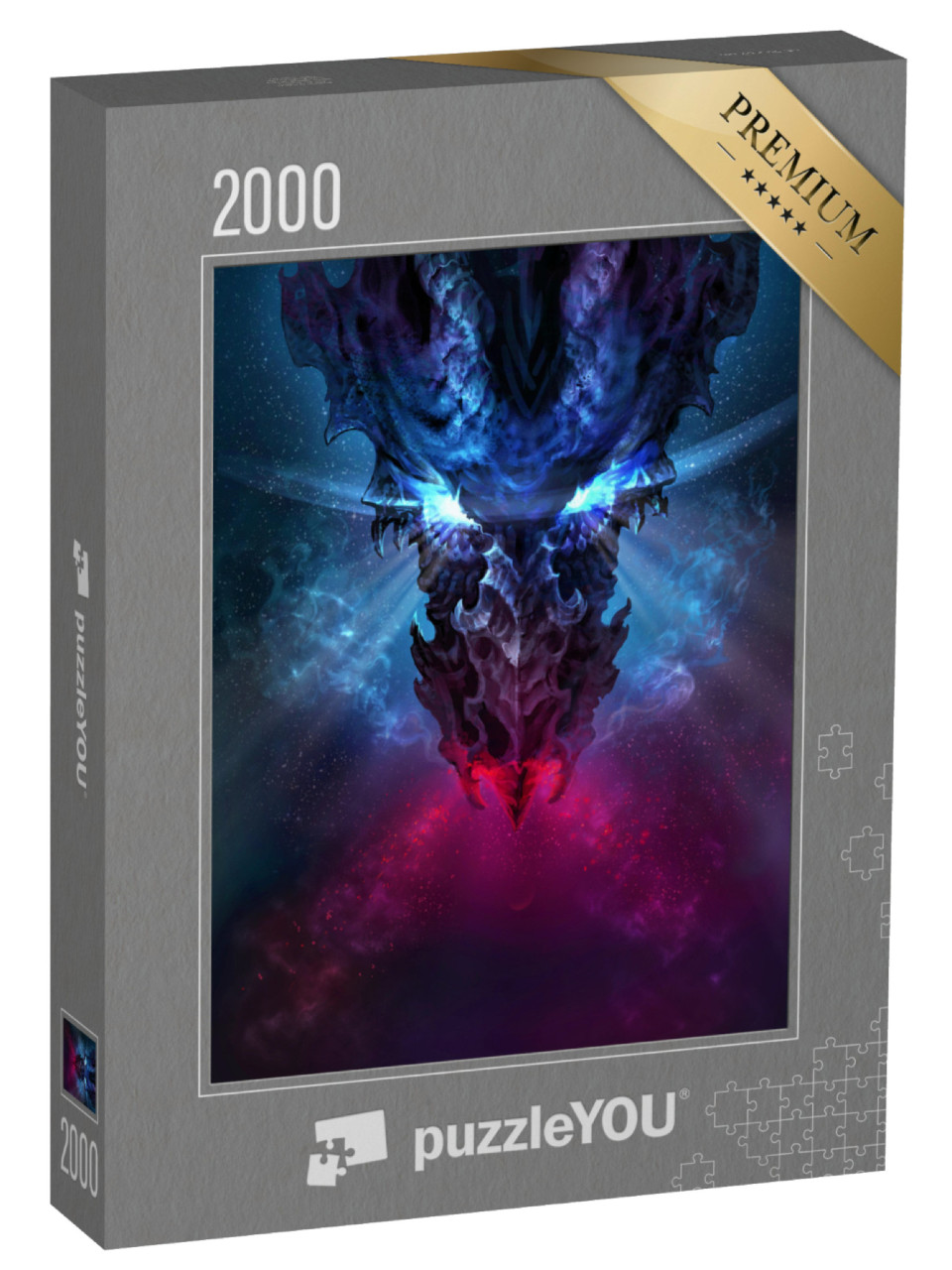 Puzzle 2000 Teile „Fantasy: Feuerdrache mit blau leuchtenden Augen“
