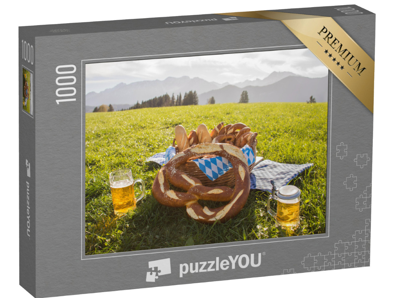 Puzzle 1000 Teile „Brezeln mit Bier, Brotzeit in Bayern, Allgäu, Deutschland“