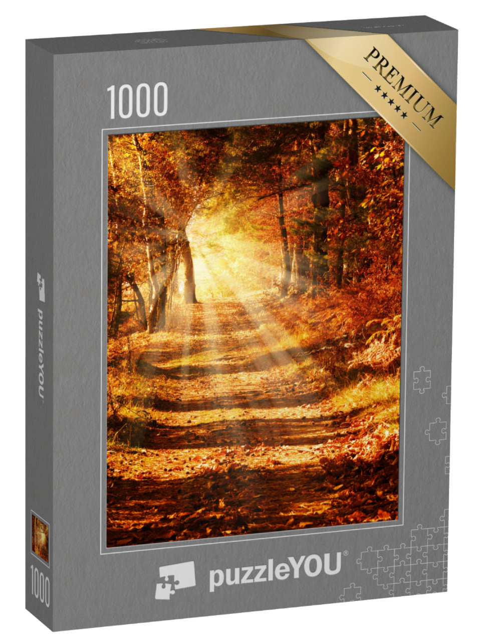 Puzzle 1000 Teile „Sonnenstrahlen auf einem Waldweg im goldenen Herbst“