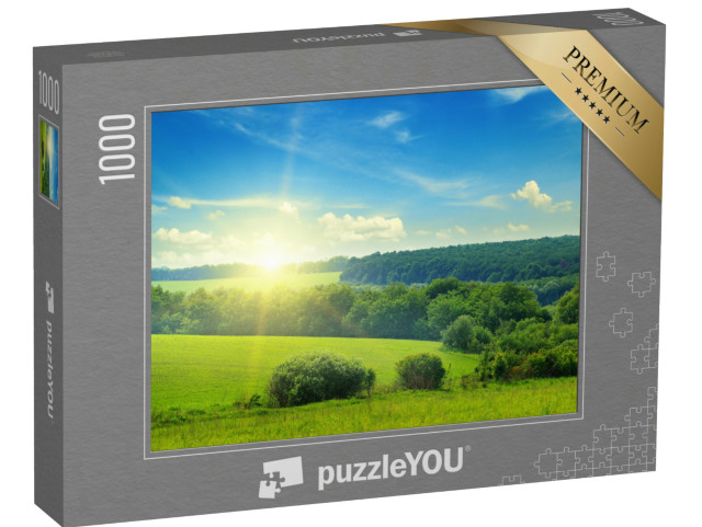 Puzzle 1000 Teile „Grüne Wiesen und Wälder im Sonnenaufgang“
