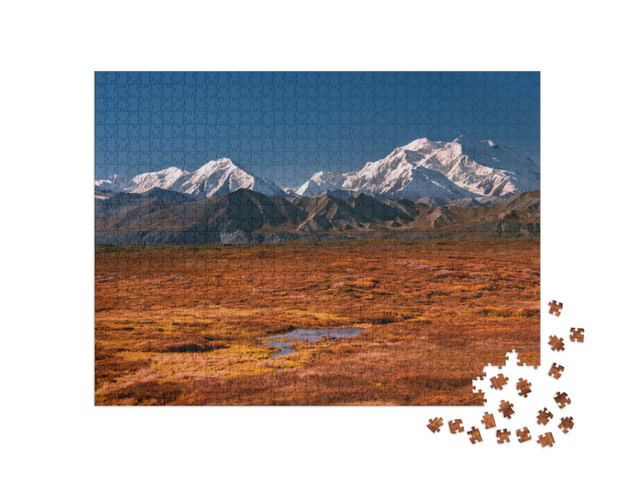 Puzzle 1000 Teile „Alaskas Mount Denali an einem klaren Tag mit blauem Himmel“