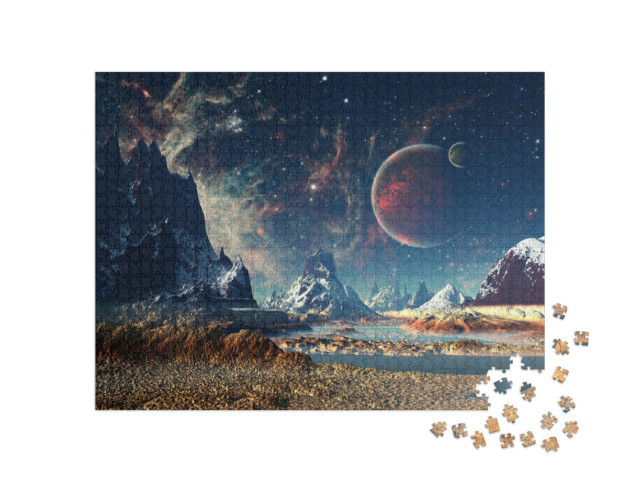 Puzzle 1000 Teile „Außerirdischer Planet mit Mond und Bergen“