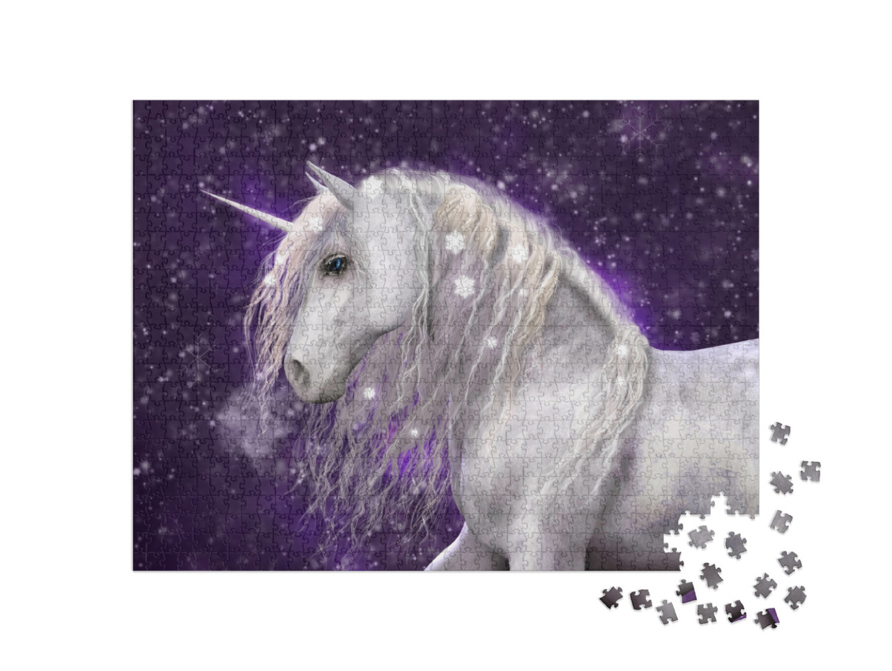 Puzzle 1000 Teile „Ein wunderschönes weißes Einhorn mit silberner Mähne mit Schnee, Illustration“