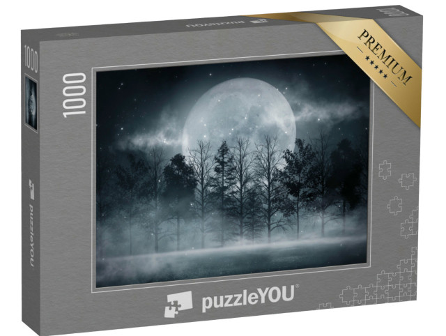 Puzzle 1000 Teile „Riesiger Vollmond über einem düsteren Wald“
