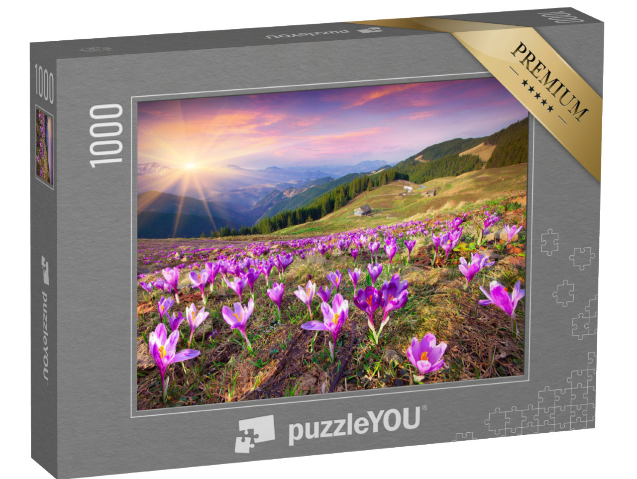 Puzzle 1000 Teile „Sonnenuntergang über blühenden Krokussen in den Bergen“