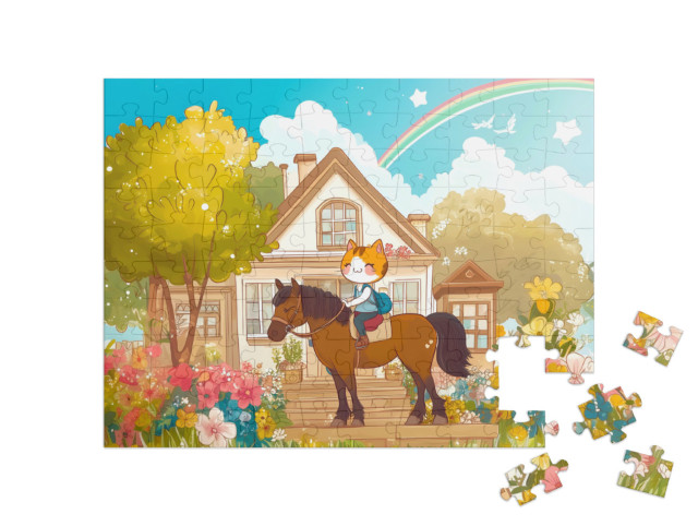 Puzzle 100 Teile „Süße Katze reitet heute zum Regenbogen“