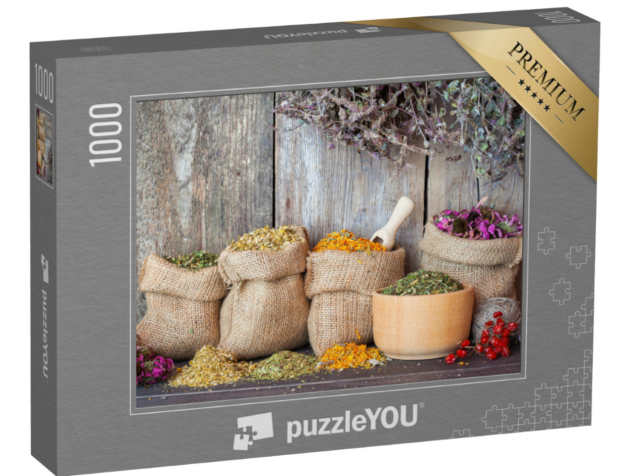 Puzzle 1000 Teile „Getrocknete Heilkräuter in Jutesäckchen“