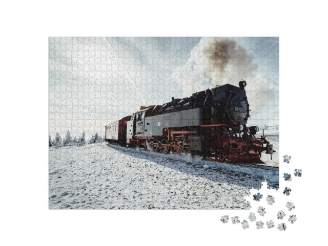 Puzzle 1000 Teile „Dampfzug im Winter auf dem Brocken, Harz“