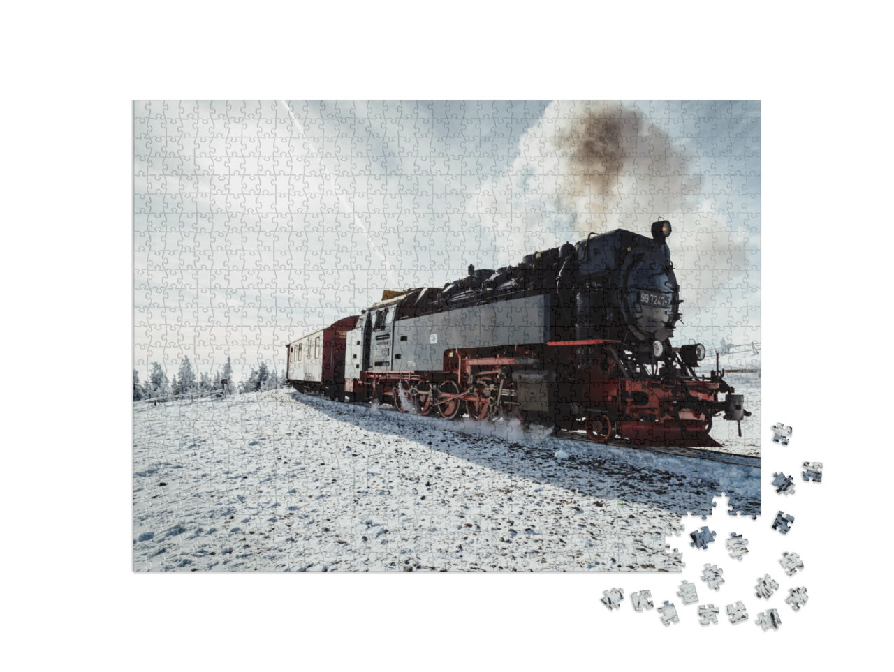 Puzzle 1000 Teile „Dampfzug im Winter auf dem Brocken, Harz“