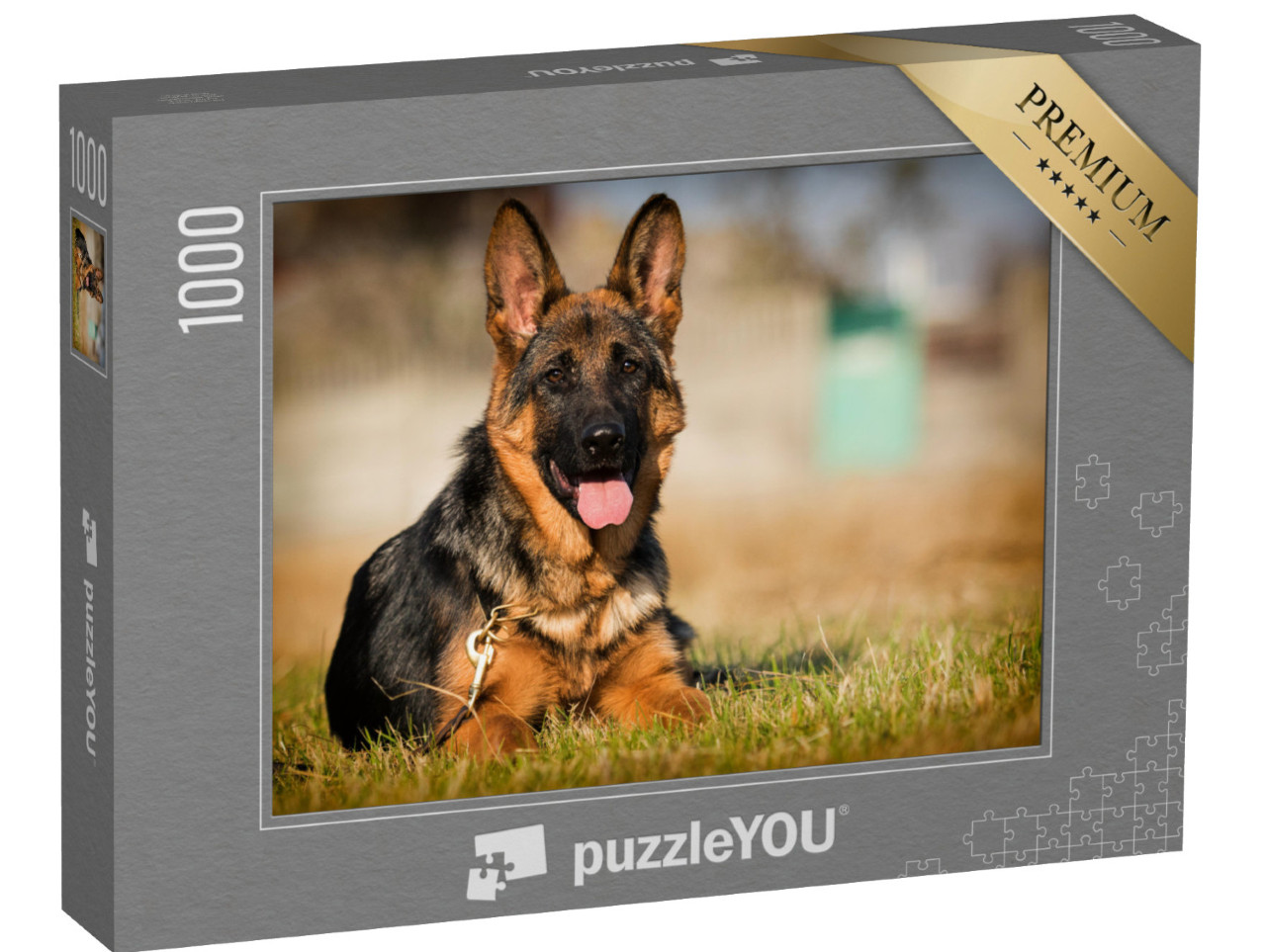 Puzzle 1000 Teile „Deutscher-Schäferhund-Welpe, Alter fünf Monate, liegt im Gras“