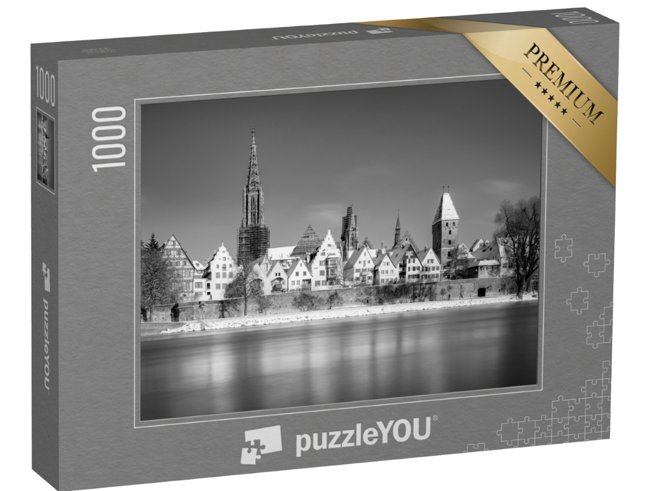 Puzzle 1000 Teile „Blick auf Ulm mit Münster und Donau bei Schnee, Schwarz-Weiß“