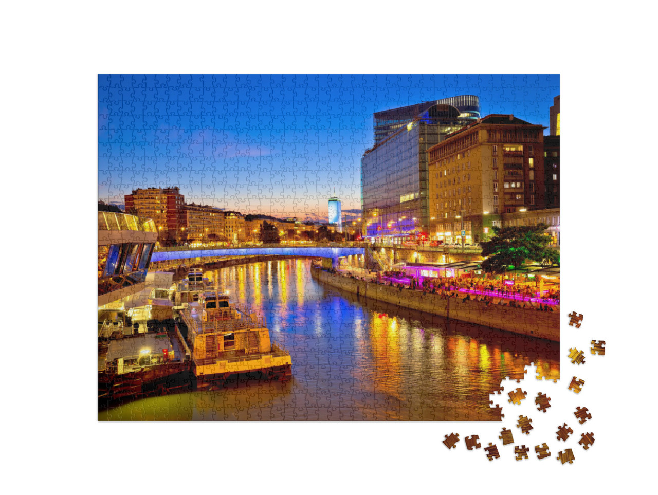 Puzzle 1000 Teile „Wien Stadt moderne Flussufer-Abendansicht, Hauptstadt von Österreich“