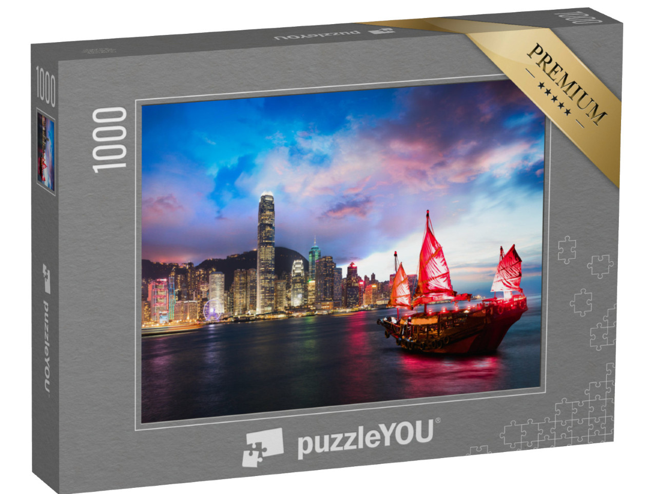 Puzzle 1000 Teile „Dschunke im Victoria Harbour, Hongkong“