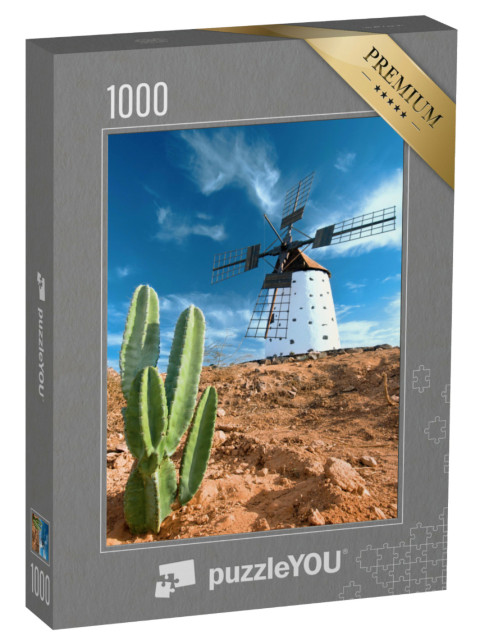 Puzzle 1000 Teile „Kaktus und traditionelle Windmühle auf Fuerteventura, Kanarische Inseln“