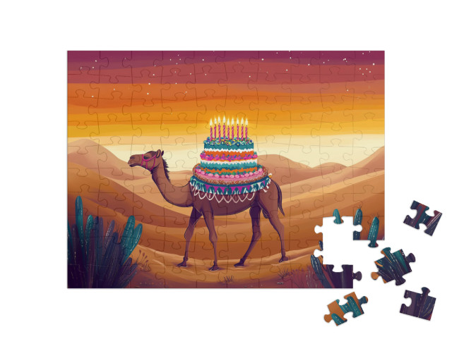 Puzzle 100 Teile „Das fröhliche Geburtstagskamel in der Wüstenlandschaft“