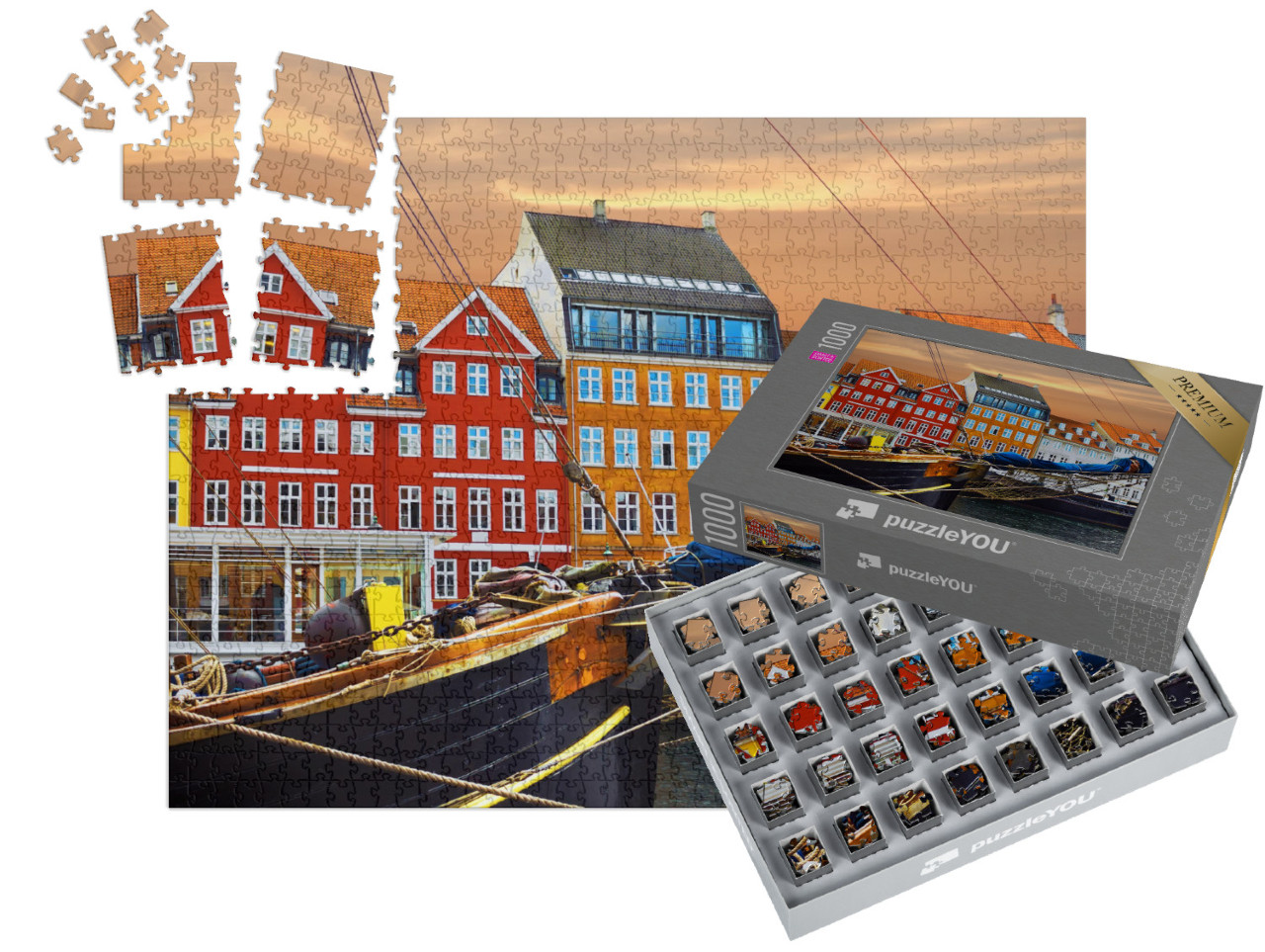 Puzzle „Yachten und farbige Häuser an der Strandpromenade in Nyhavn“ | SMART SORTED® 1000 Teile