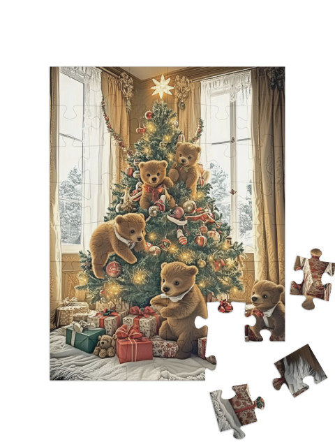 Puzzle 48 Teile „Bärenkinder spielen im Christbaum“