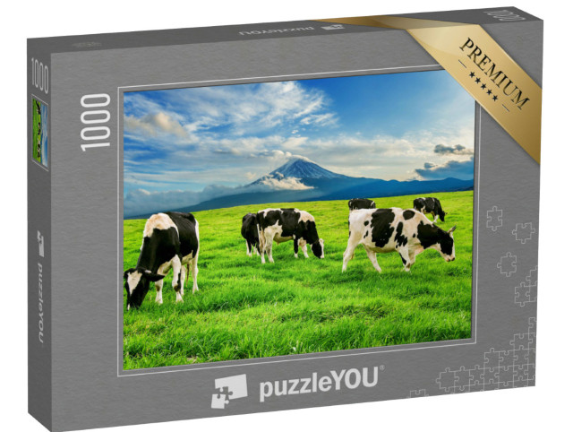 Puzzle 1000 Teile „Kühe fressen saftiges Gras auf einer grünen Wiese vor dem Fuji in Japan“