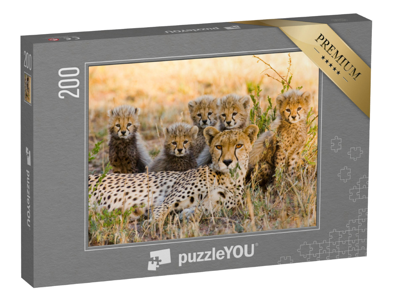 Puzzle 200 Teile „Gepardenmutter und ihre Jungtiere in der Savanne, Kenia“