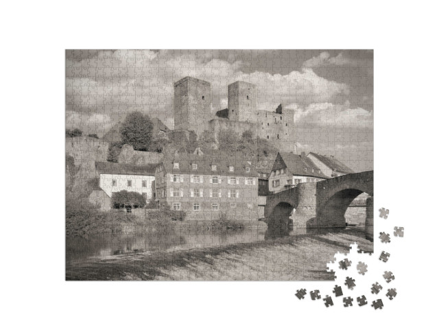 Puzzle 1000 Teile „Mittelalterliches Dorf Runkel an der Lahn, schwarz-weiß“