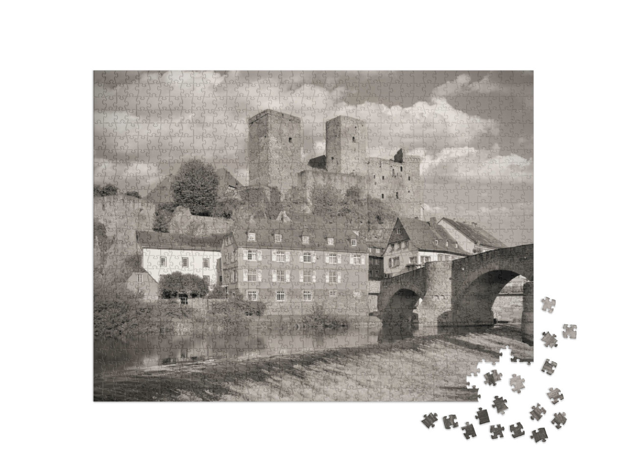 Puzzle 1000 Teile „Mittelalterliches Dorf Runkel an der Lahn, schwarz-weiß“
