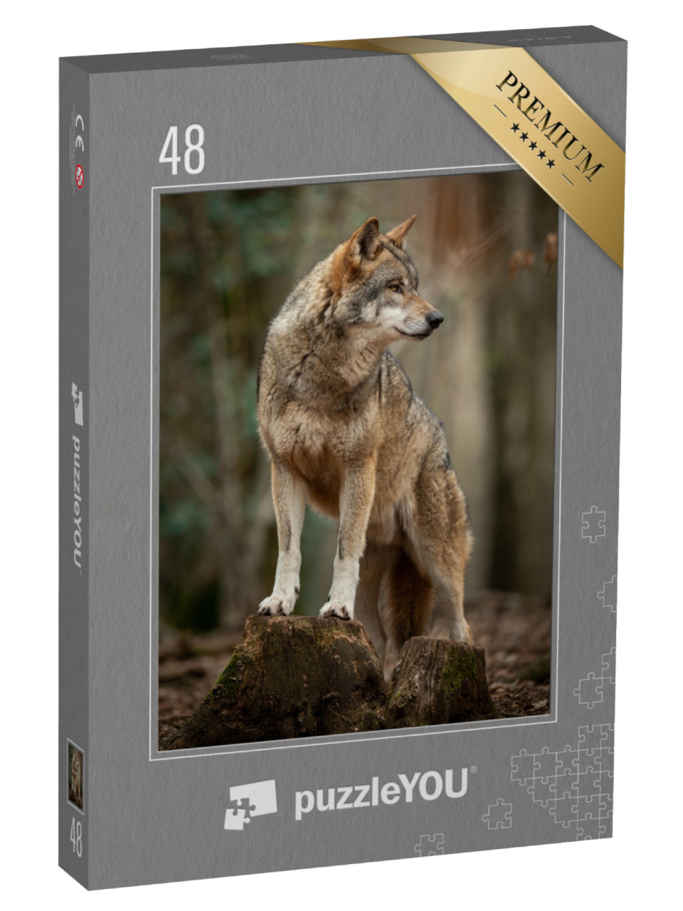 Puzzle 48 Teile „Grauer Wolf in witternder Pose im Wald“