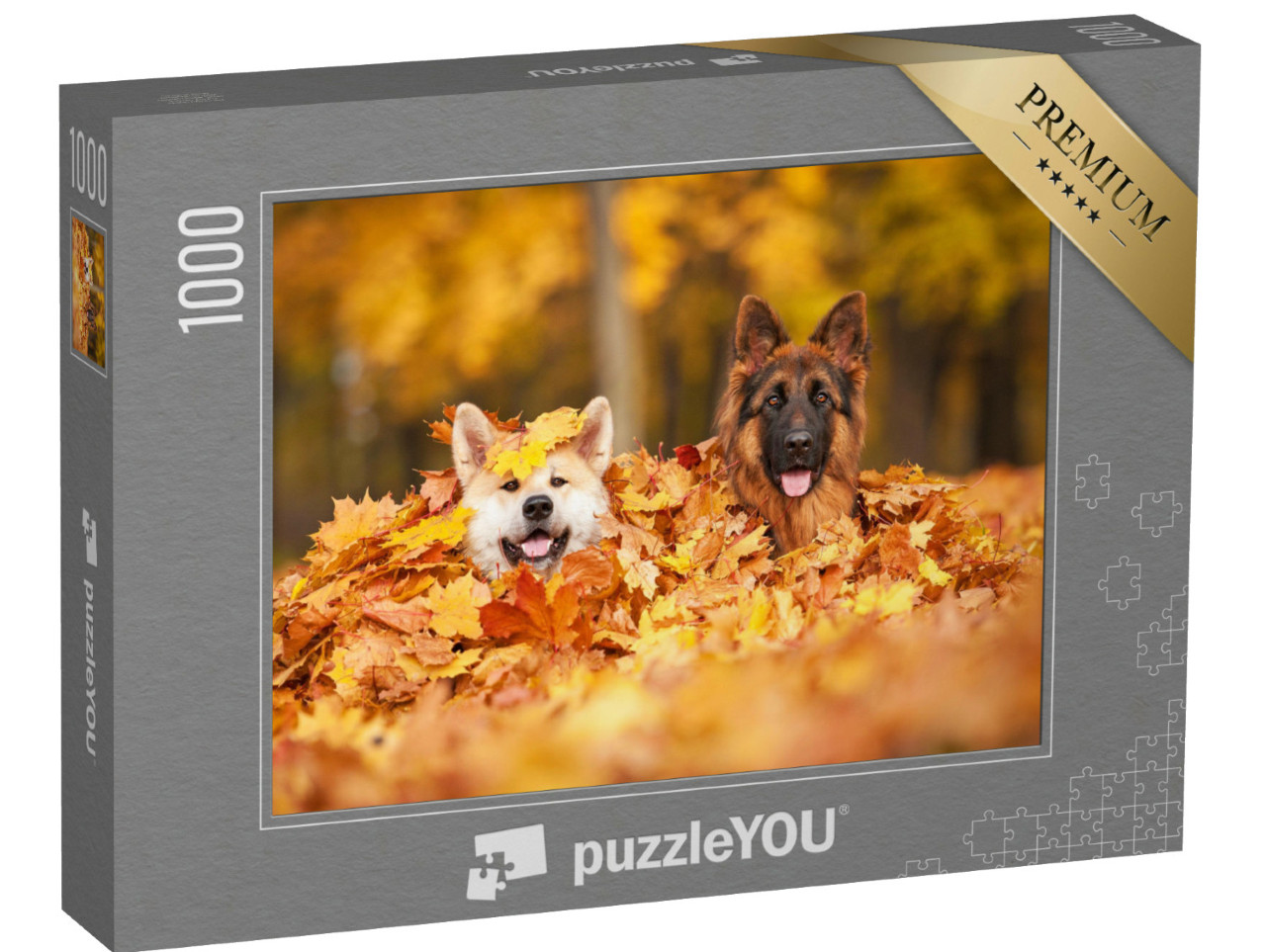 Puzzle 1000 Teile „Zwei Hunde spielen im Herbstlaub“