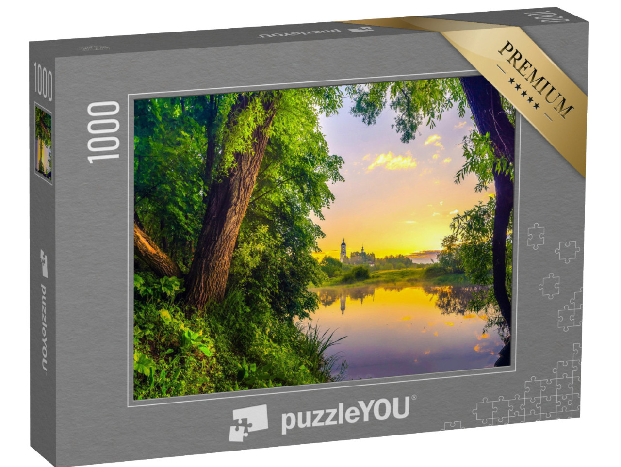 Puzzle 1000 Teile „Stimmungsvoller Sonnenaufgang über einer kleinen Insel im See“