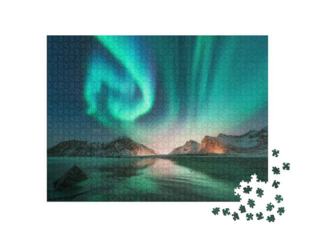 Puzzle 1000 Teile „Nordlichter auf den Lofoten mit Sternenhimmel, Norwegen“