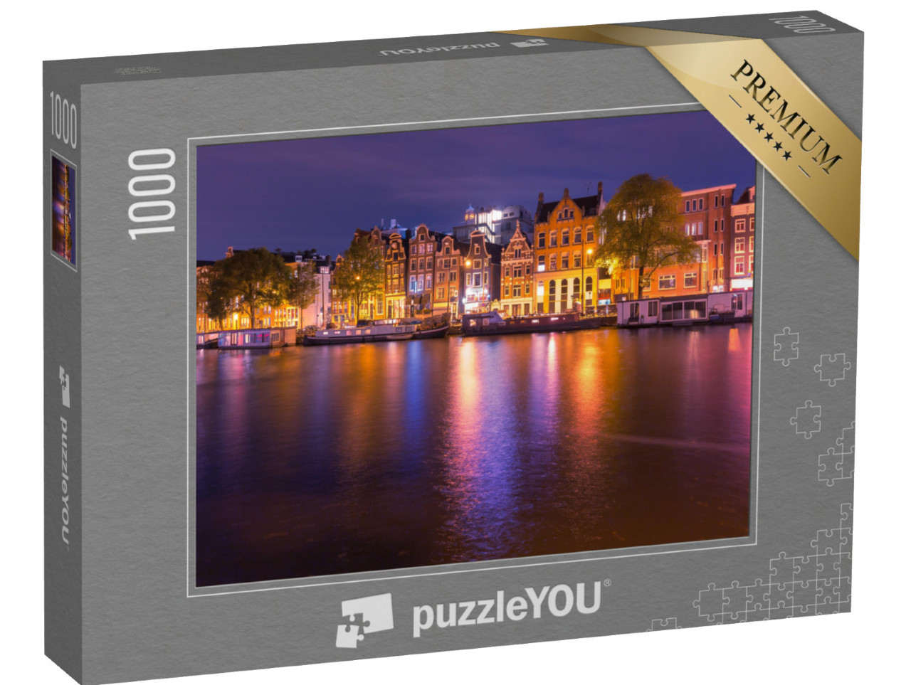 Puzzle 1000 Teile „Bezaubernder nächtlicher Kanal in Amsterdam, Niederlande.“