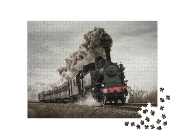 Puzzle 1000 Teile „Oldtimer-Dampfzug mit alter Lokomotive und alten Waggons“