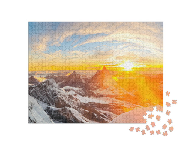 Puzzle 1000 Teile „Sonnenuntergang über Schweizer Gipfeln und dem Matterhorn“