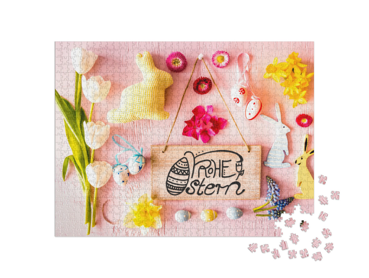 Puzzle 1000 Teile „Ostern, Flat Lay, Kalligraphie, Hasen, Eier, Blumen“