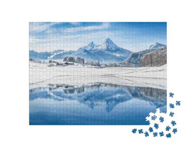 Puzzle 1000 Teile „Traumhafte Winterlandschaft der Alpen: Panorama auf verschneite Gipfel“