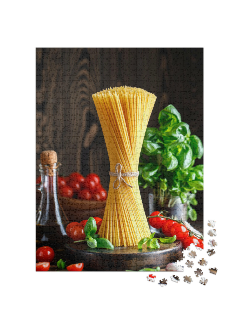 Puzzle 1000 Teile „Spaghetti, im Hintergrund Basilikum und Tomaten“