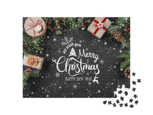 Puzzle 1000 Teile „Weihnachten: Tannenzweigen, Geschenke, Beeren, Schnee“