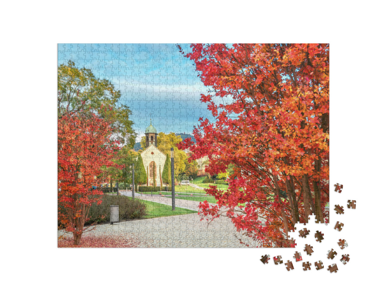 Puzzle 1000 Teile „Landschaft mit roten Bäumen und Spitalkirche, Baden-Baden, Deutschland“