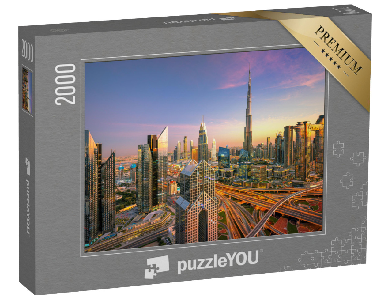 Puzzle 2000 Teile „Luxus-Wolkenkratzer bei Sonnenuntergang: Skyline von Dubai“