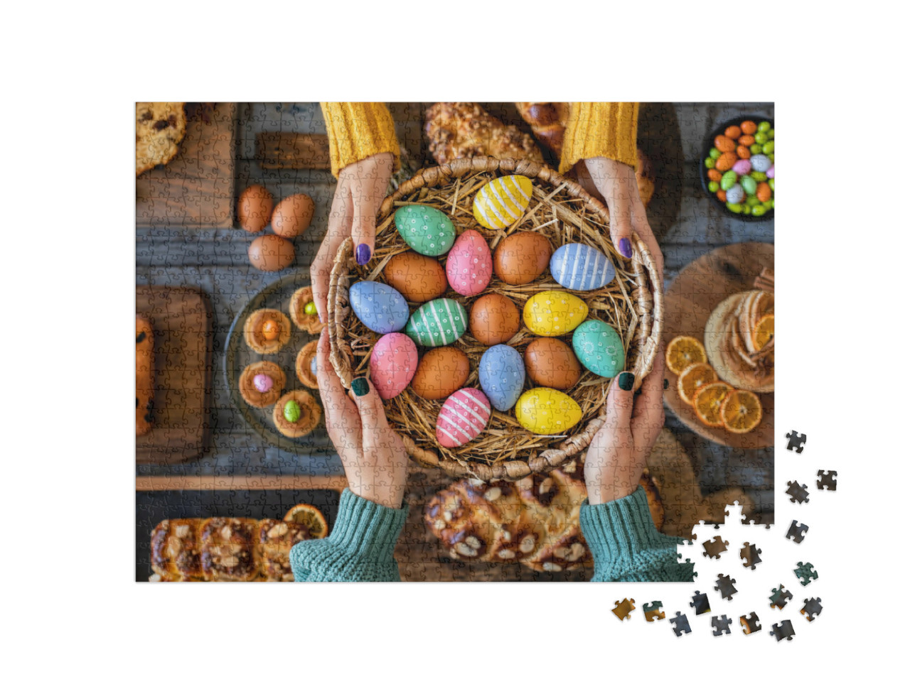Puzzle 1000 Teile „Zwei Hände halten eine Korb voll bunter verzierter Ostereier“