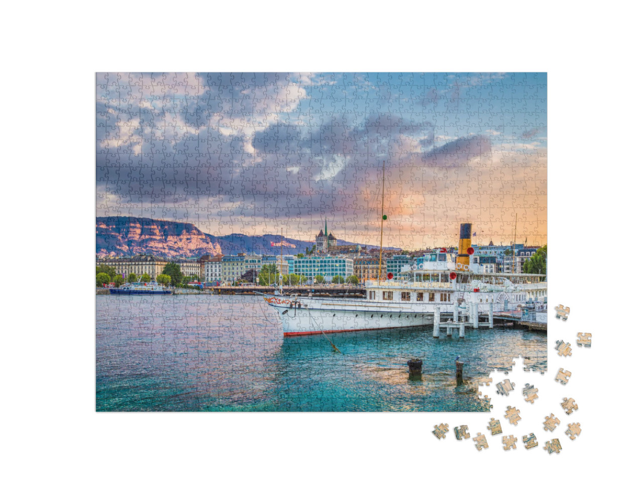 Puzzle 1000 Teile „Panoramablick auf das Stadtzentrum von Genf und den Genfer See, Schweiz“