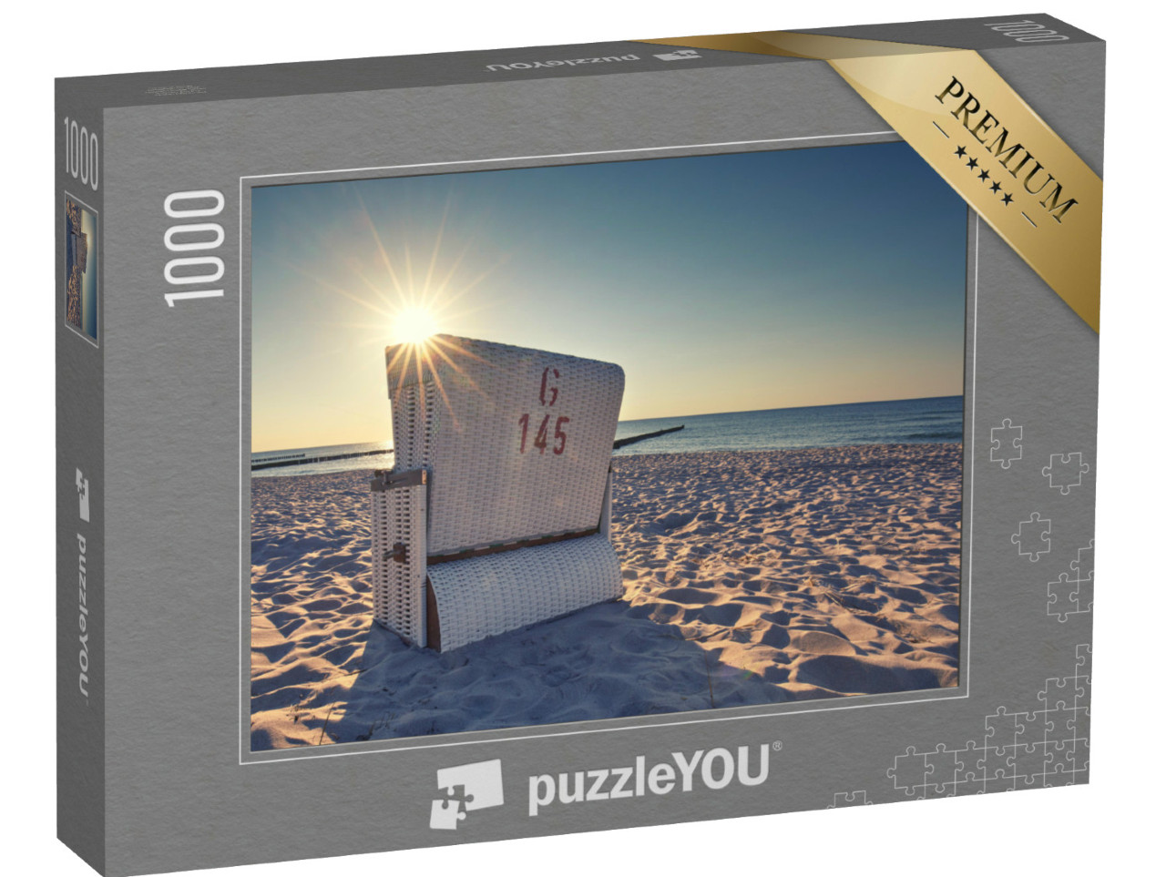 Puzzle 1000 Teile „Sonnenuntergang am Ostseestrand, Strandkorb im weißen Sand stehend“