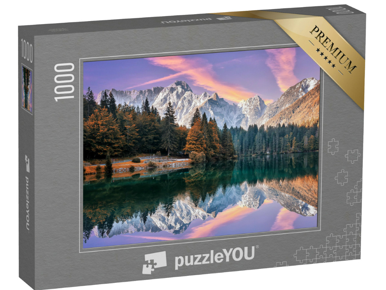 Puzzle 1000 Teile „Sonnenaufgang im Herbst am Fusine-See vor dem Mongart“
