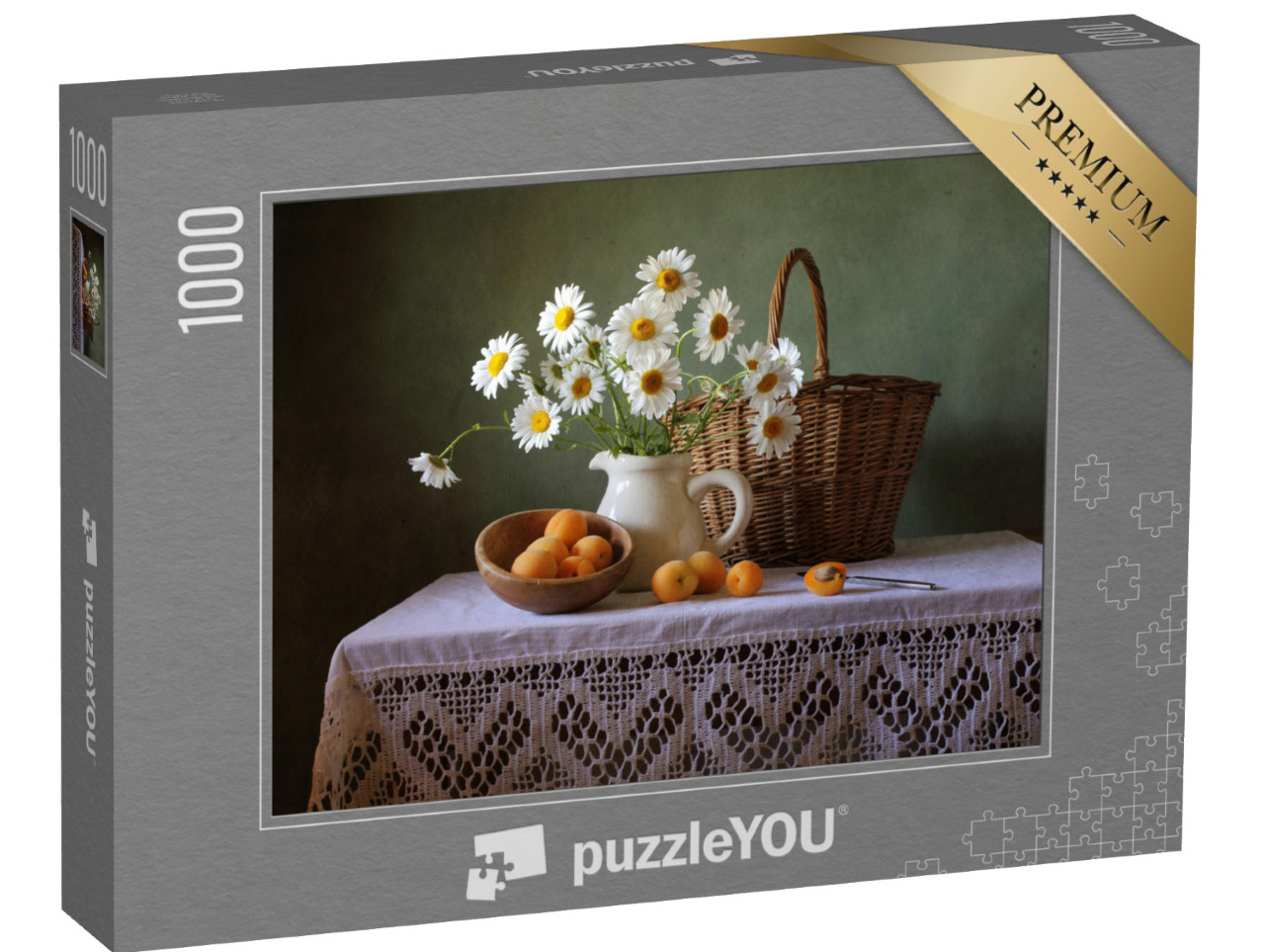 Puzzle 1000 Teile „Stillleben mit einem Sommerstrauß, Aprikosen und einem Korb aus Holz“