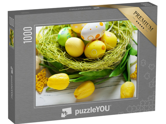 Puzzle 1000 Teile „Wunderschöne gelbe Ostereier mit gelben Tulpen“