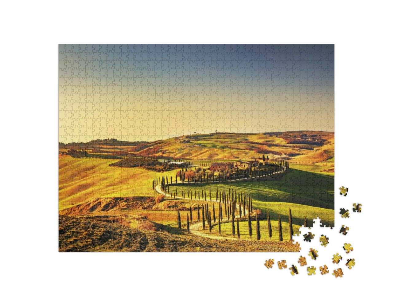 Puzzle 1000 Teile „Sonnenuntergang über der Toskana mit Zypressen, Italien“
