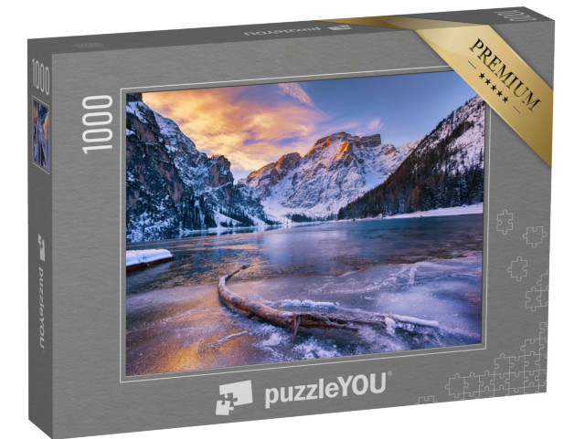 Puzzle 1000 Teile „Winterlicher Sonnenaufgang über dem Pragser Wildsee, Dolomiten, Italien“
